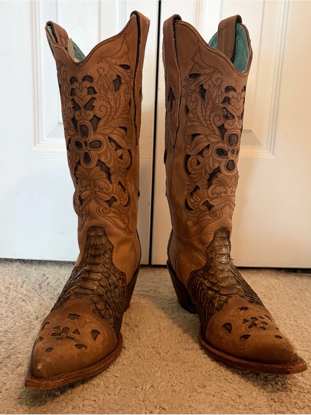 Corral C2152 Python Inlay Tooled Leather Western Cowboy Boots Brown 7M